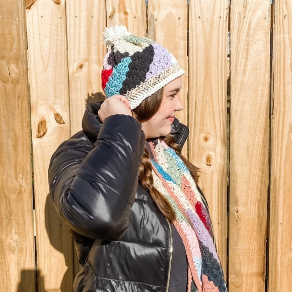 SOLD Happy Scrappy Scarf and Hat Set - Picture 2 of 6